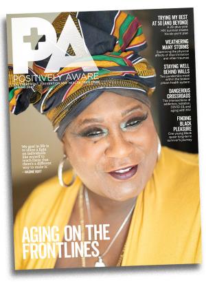 Positively Aware Spring 2021 Front Cover - smiling woman wearing kente cloth headwrap, loop earrings, and necklace